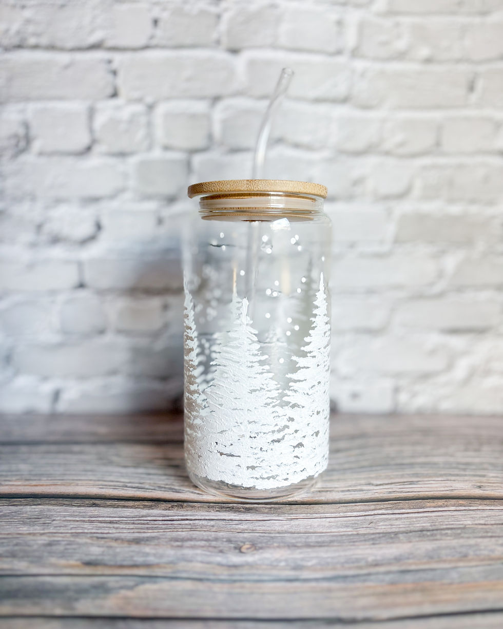 Thumbnail: Hand painted Snowy White Trees Glass Beer Can/Tumbler