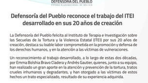 DefensorÃa del Pueblo destaca la labor del ITEI en sus 20 Aniversario