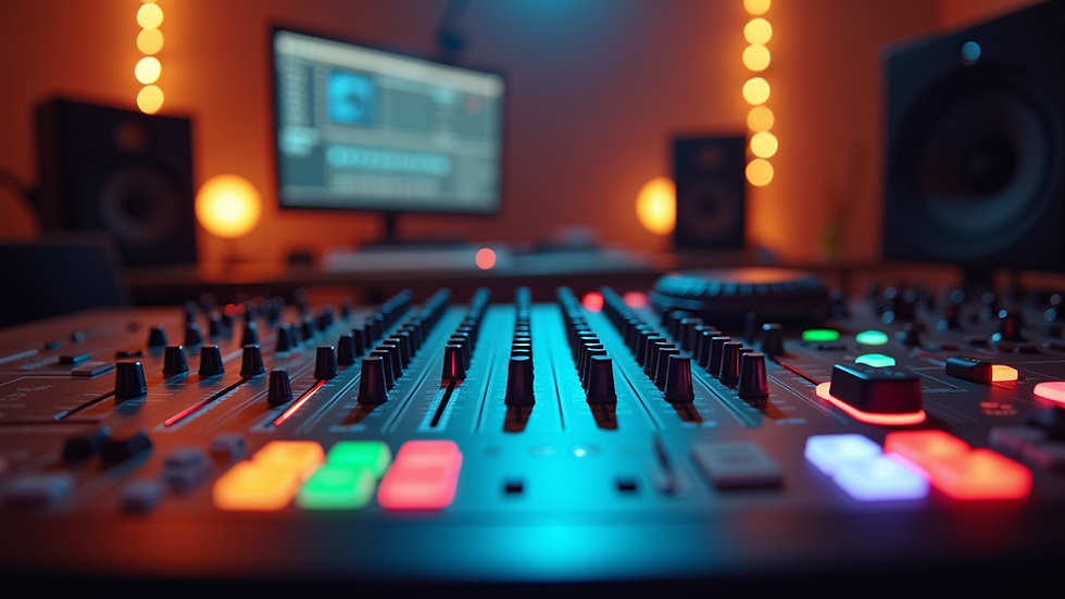 Vue rapprochée d'une console de mixage audio professionnelle