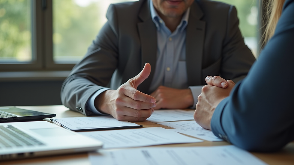 Eye-level view of a business consultant discussing loan options with a client