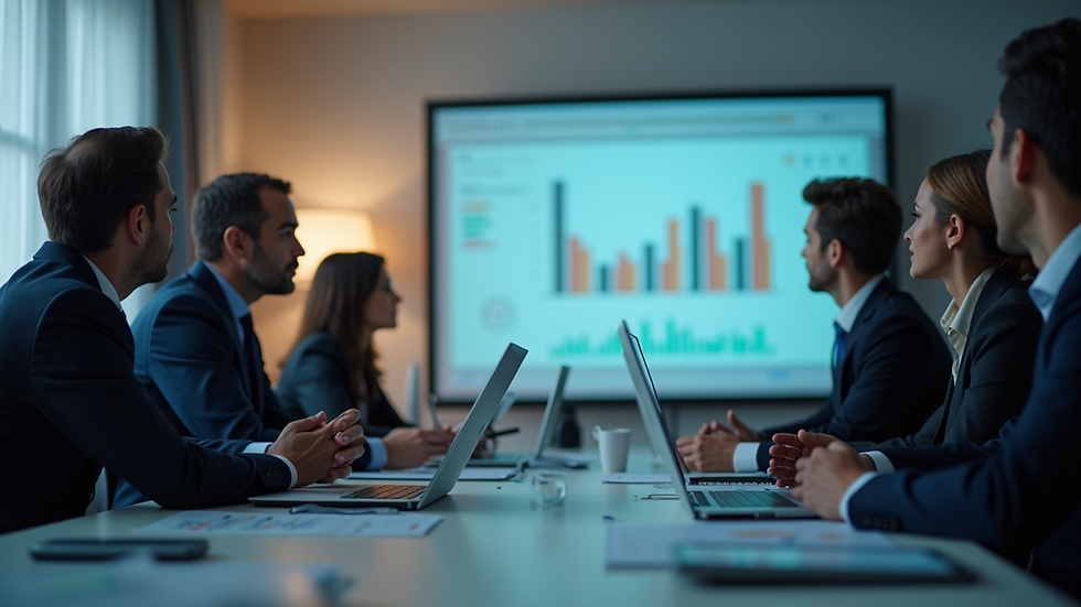 Eye-level view of a business meeting with AI strategy discussion