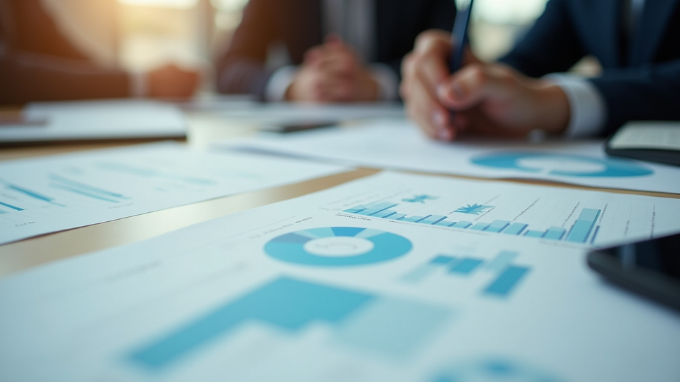 Close-up view of a business meeting with charts and AI strategy documents on the table