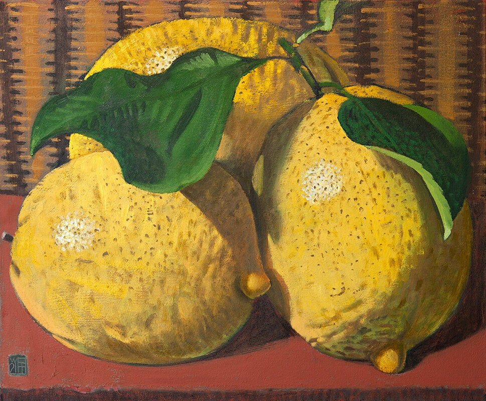 Three Lemons with Rattan Background