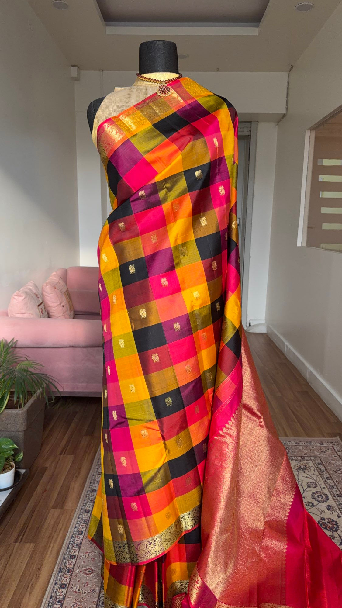 9 colors Madras checks Pink Kanjivaram Handloom pure silk saree