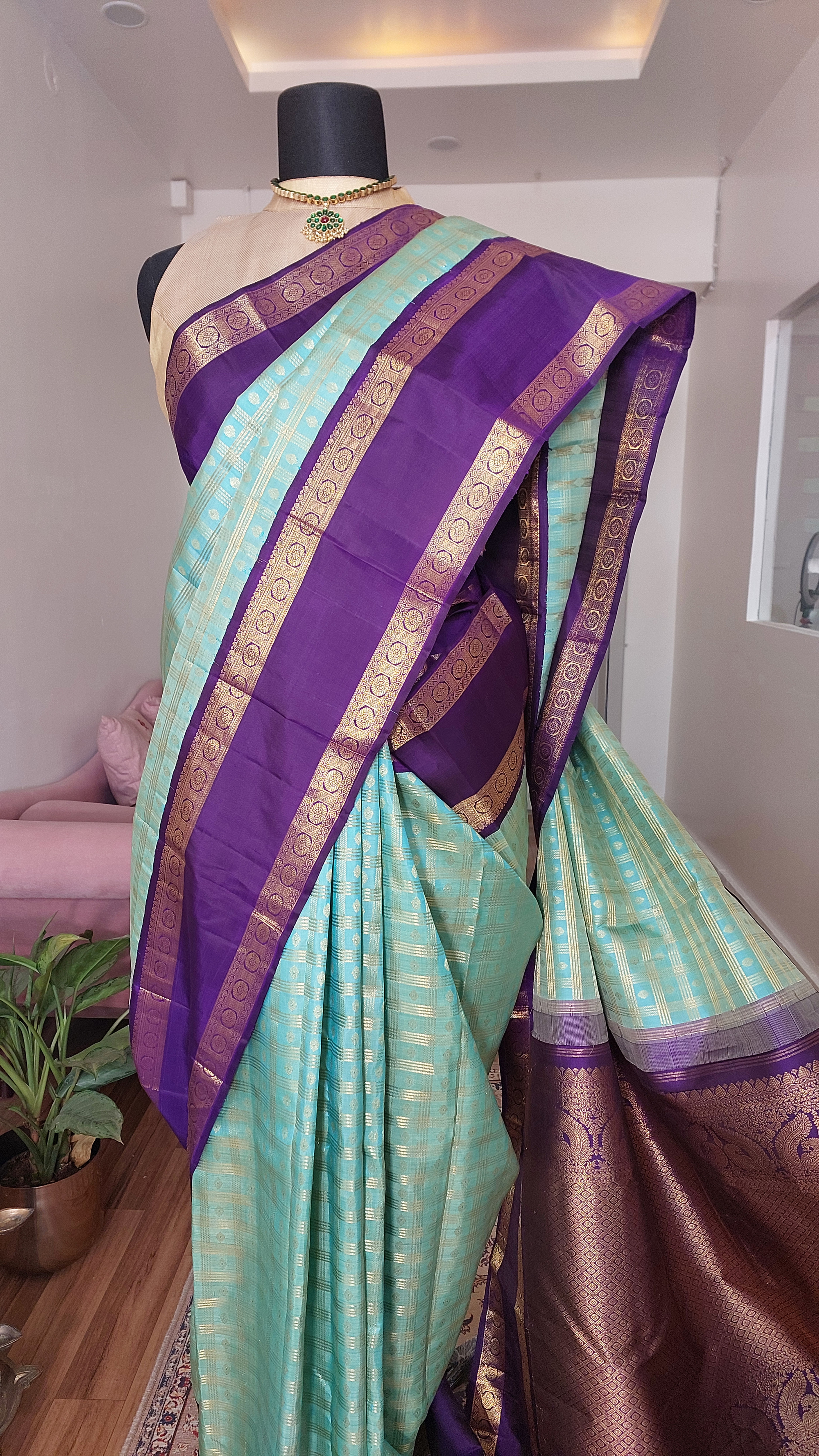 Ponvandu Green Kanchivaram Korvai Pure zari saree