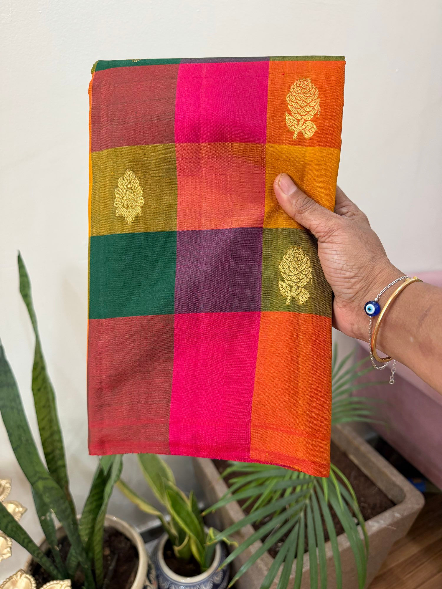9 colors Madras checks Rose Pink Kanjivaram Handloom pure silk saree