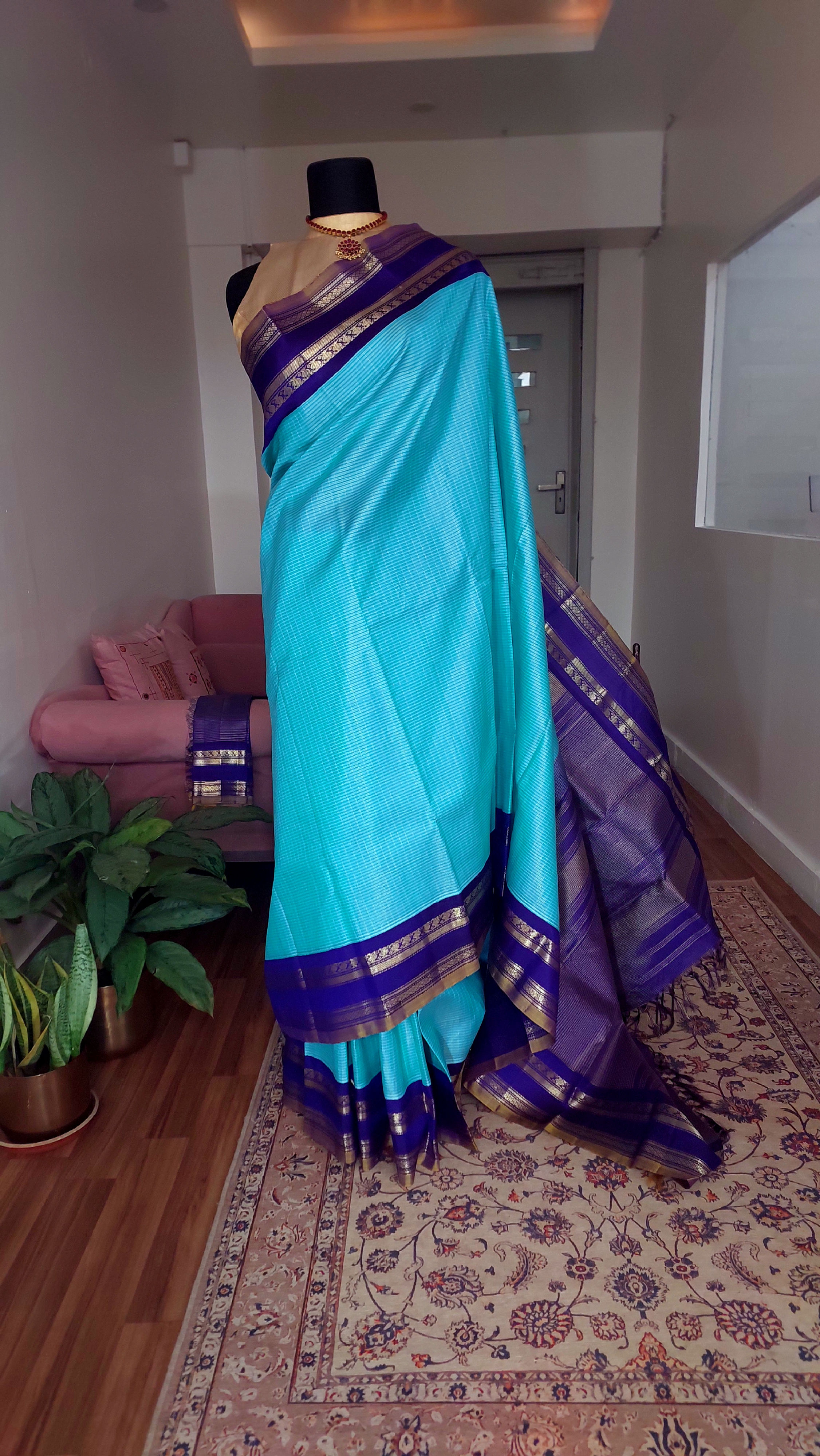 Sky blue Vairaoosi stripes Kanjivaram Korvai Handloom pure silk saree