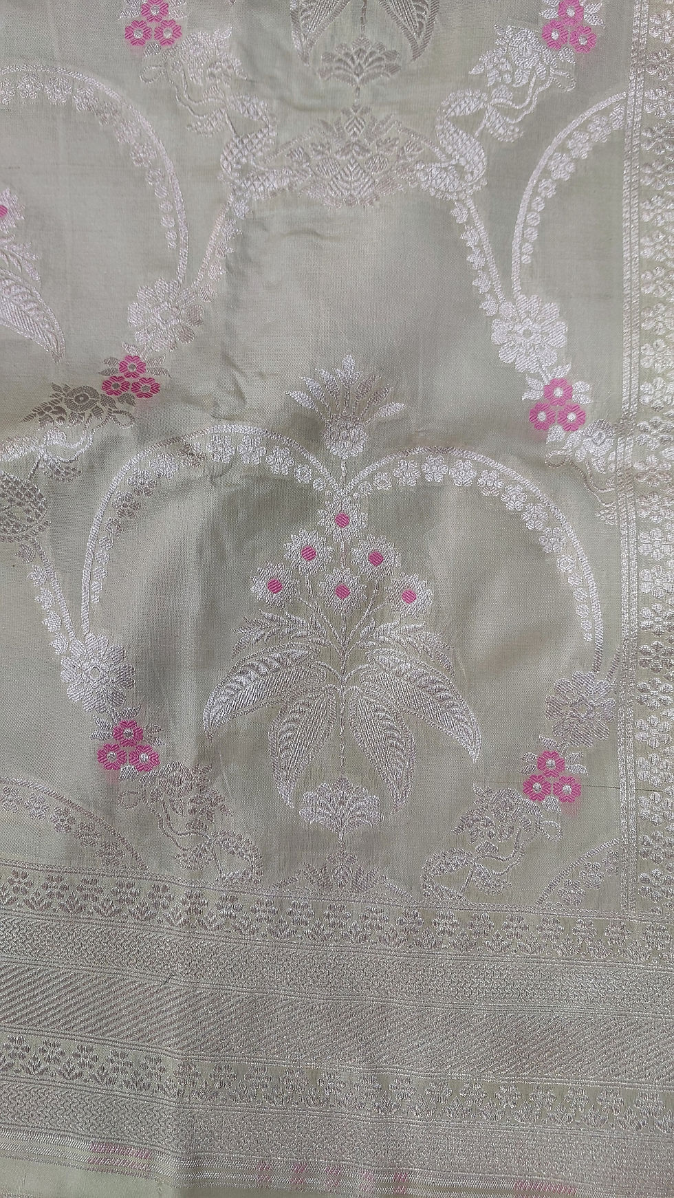 Thumbnail: Light Pista green pink meenedar silver Banarasi Handloom pure silk saree