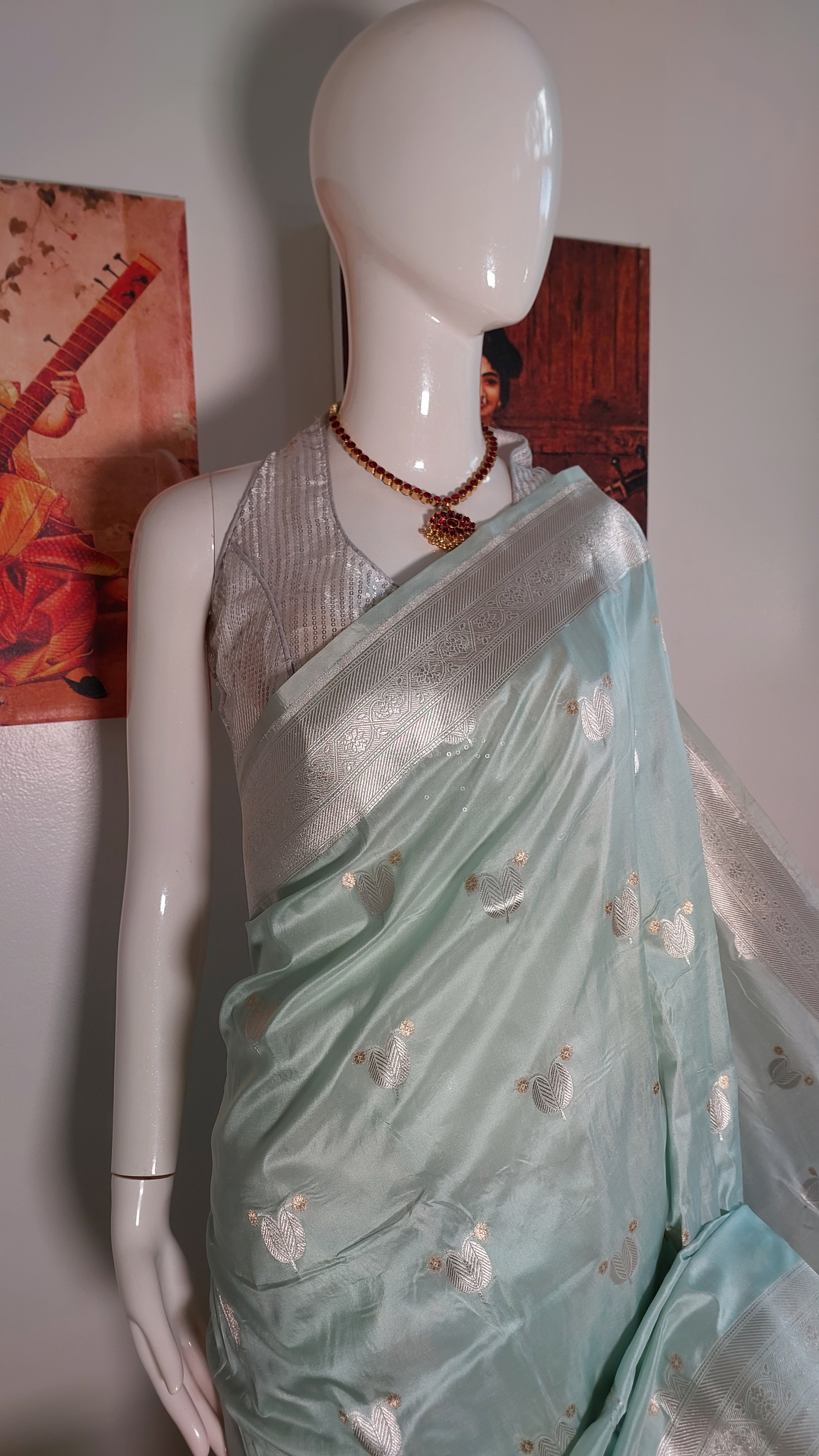 Mint Blue silver Banarasi Handloom pure katan silk saree