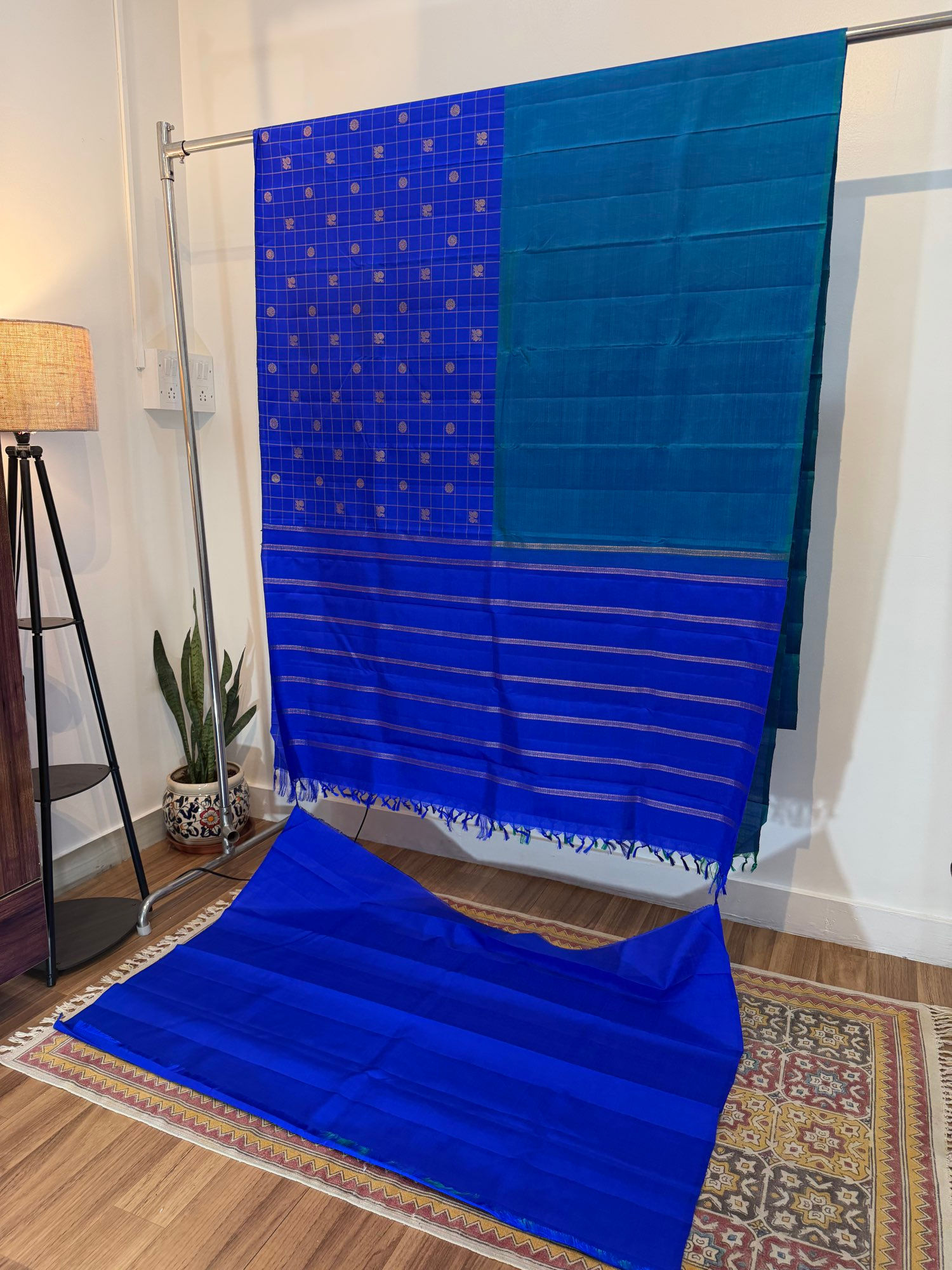 MS Blue, Peacock half and half Kanchivaram handloom pure zari silk saree