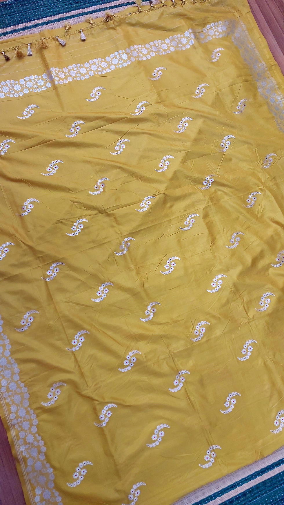 Thumbnail: Mustard yellow meenedar Silver butta Banarasi Handloom pure silk saree