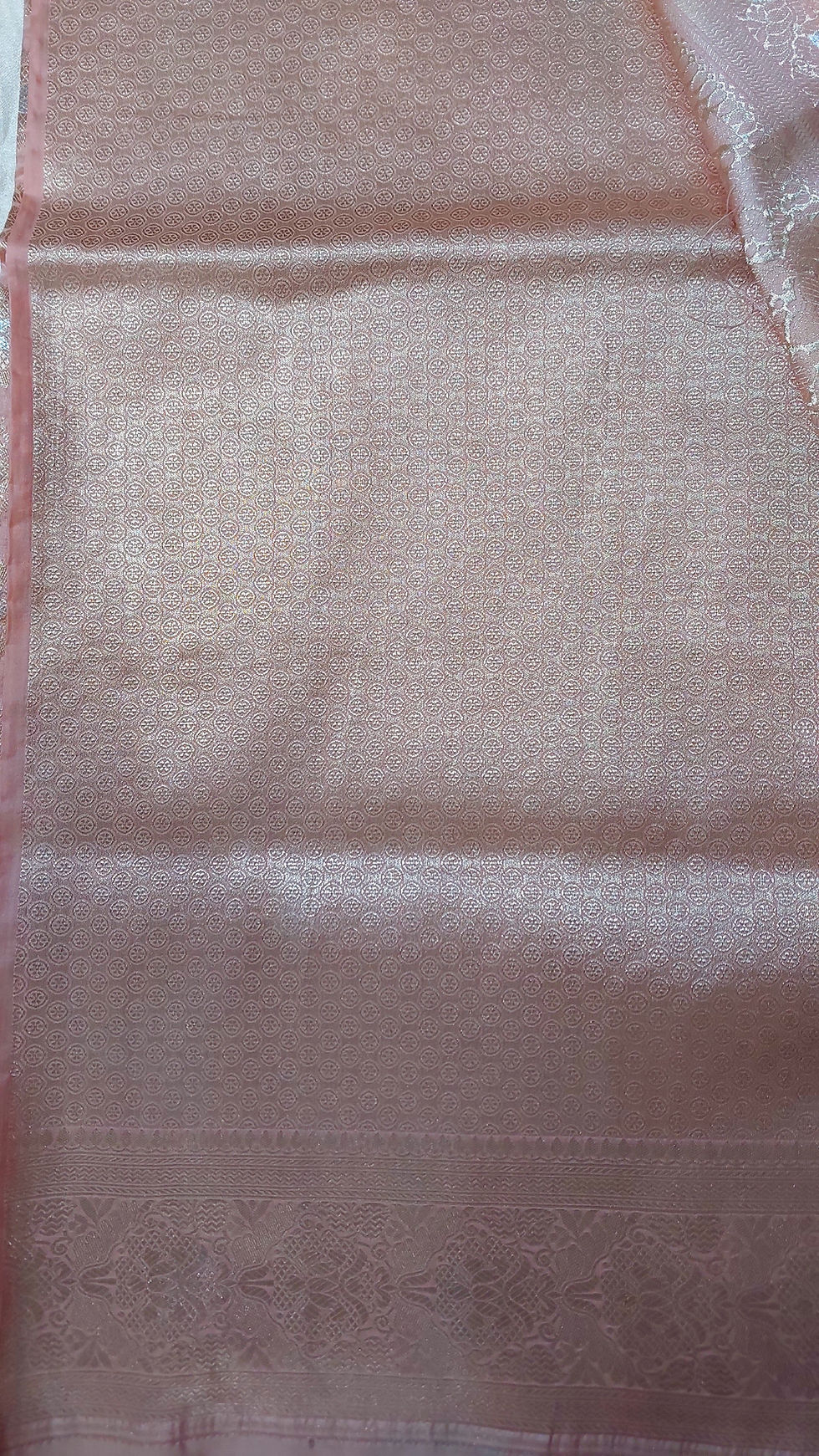 Thumbnail: Salmon pink meenedar, silver gold zari Banarasi Handloom pure silk saree