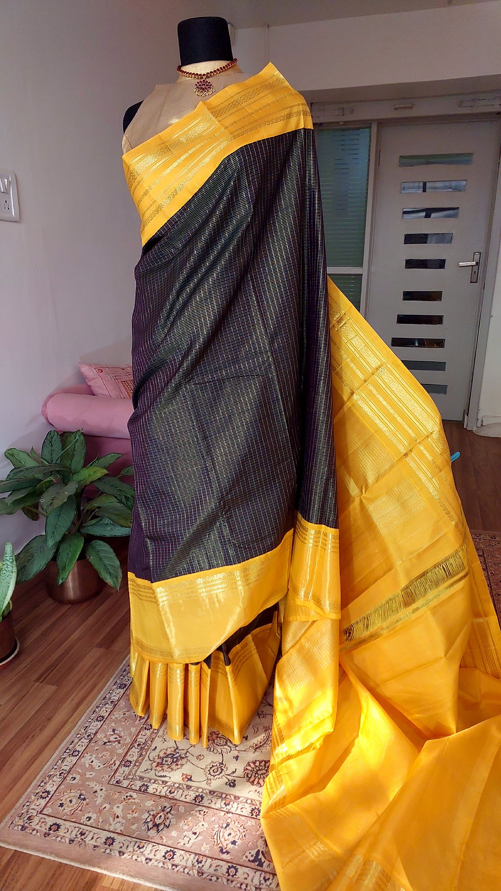 Thumbnail: Green Yellow Vairaoosi checks Kanjivaram Korvai Handloom pure silk saree