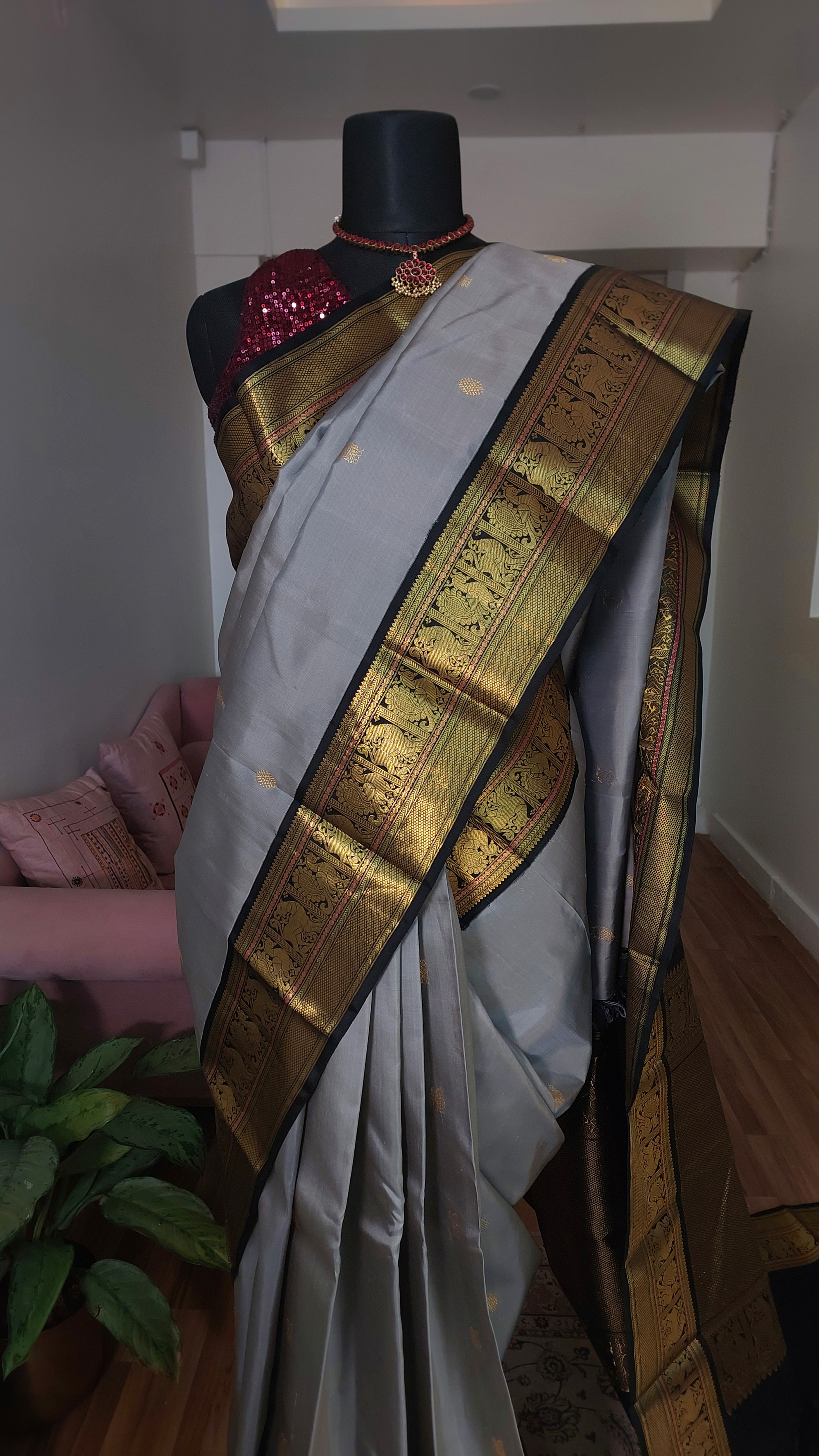 Grey Black Kanjivaram Korvai Handloom pure zari silk saree
