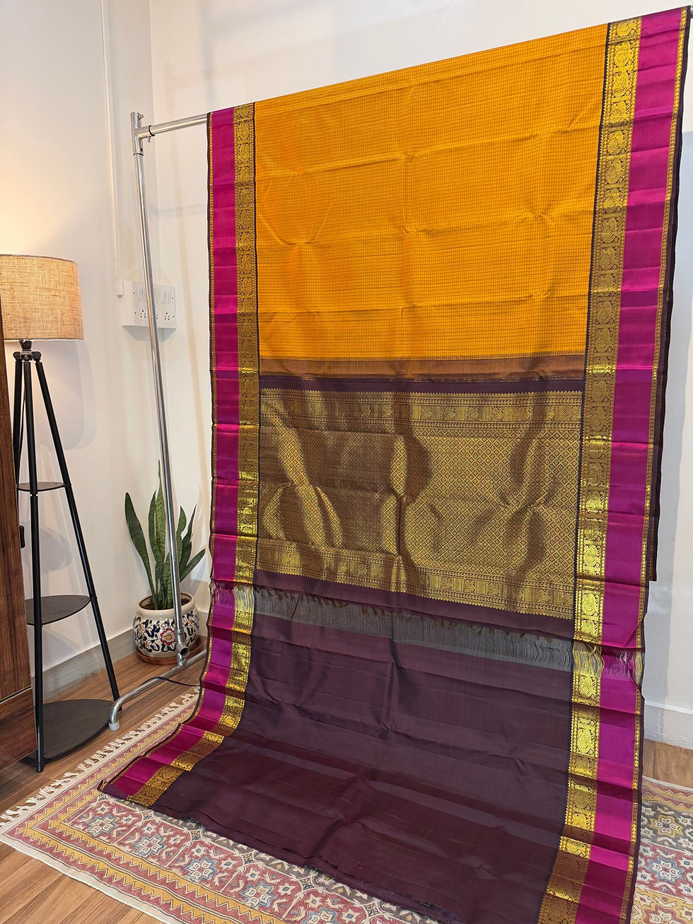 Thumbnail: Vintage design Mustard Magenta Coffee Kanjivaram Handloom pure zari silk saree