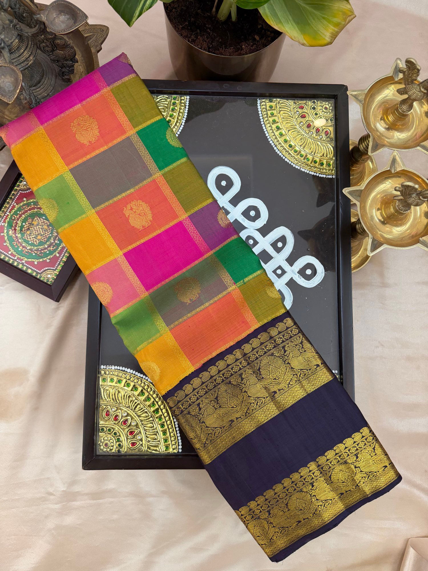 Kattam Korvai Madras checks Kanjivaram Handloom pure silk saree