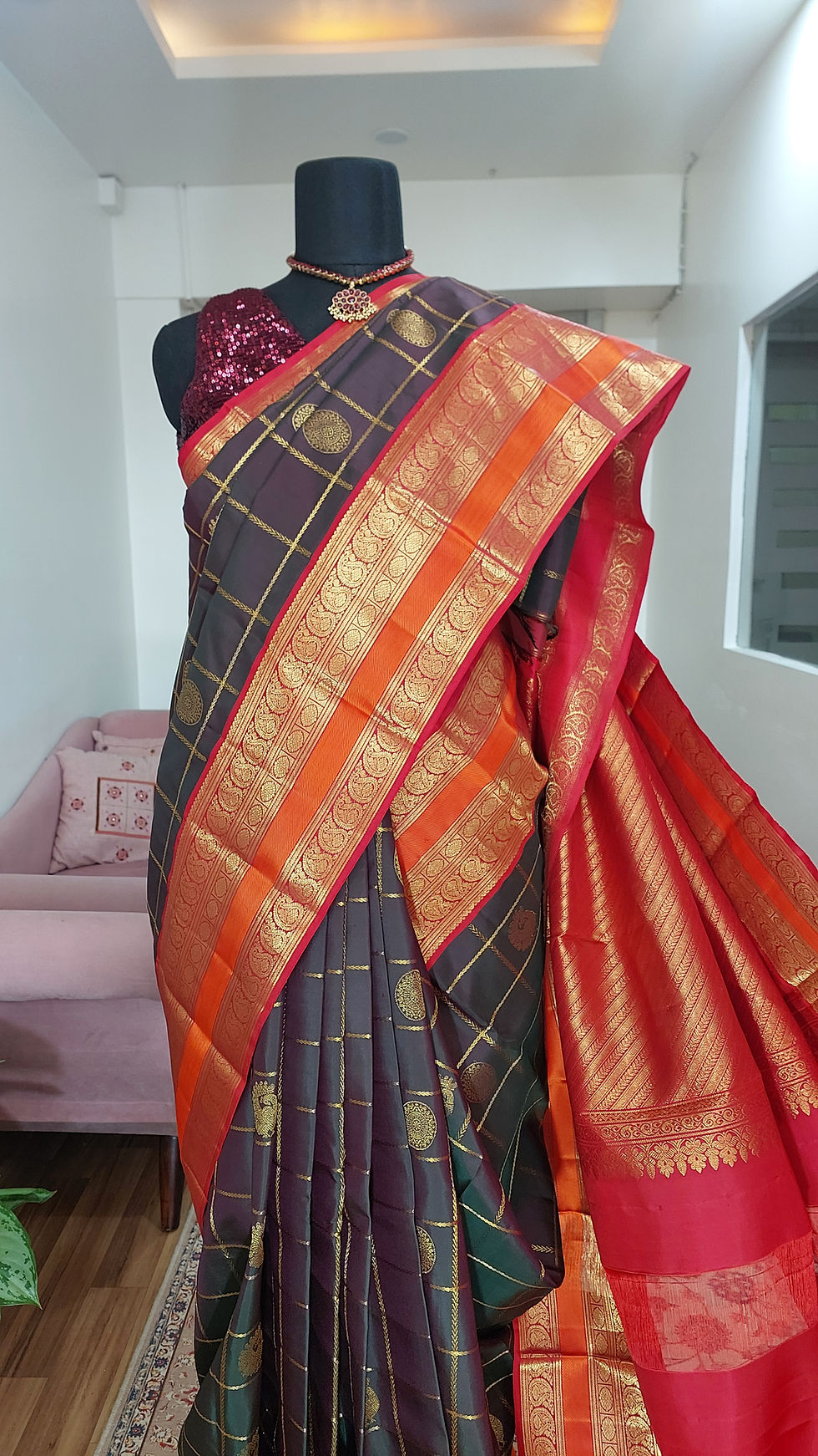 Thumbnail: Dark Mathulir orange Kanjivaram Handloom pure silk saree