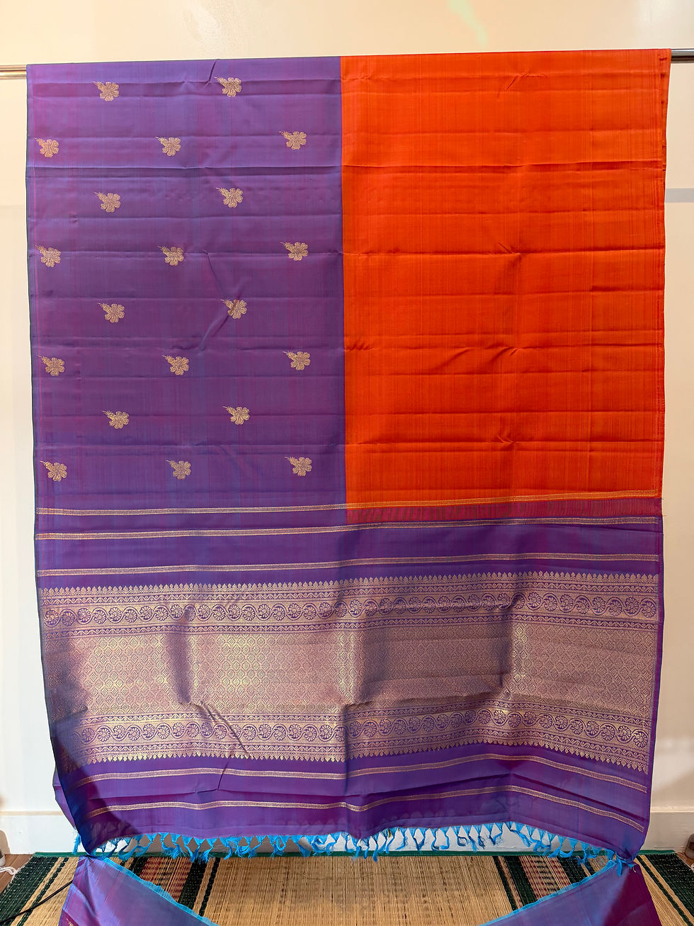 Thumbnail: Orange Blue Half and Half Kanchivaram handloom pure zari silk saree