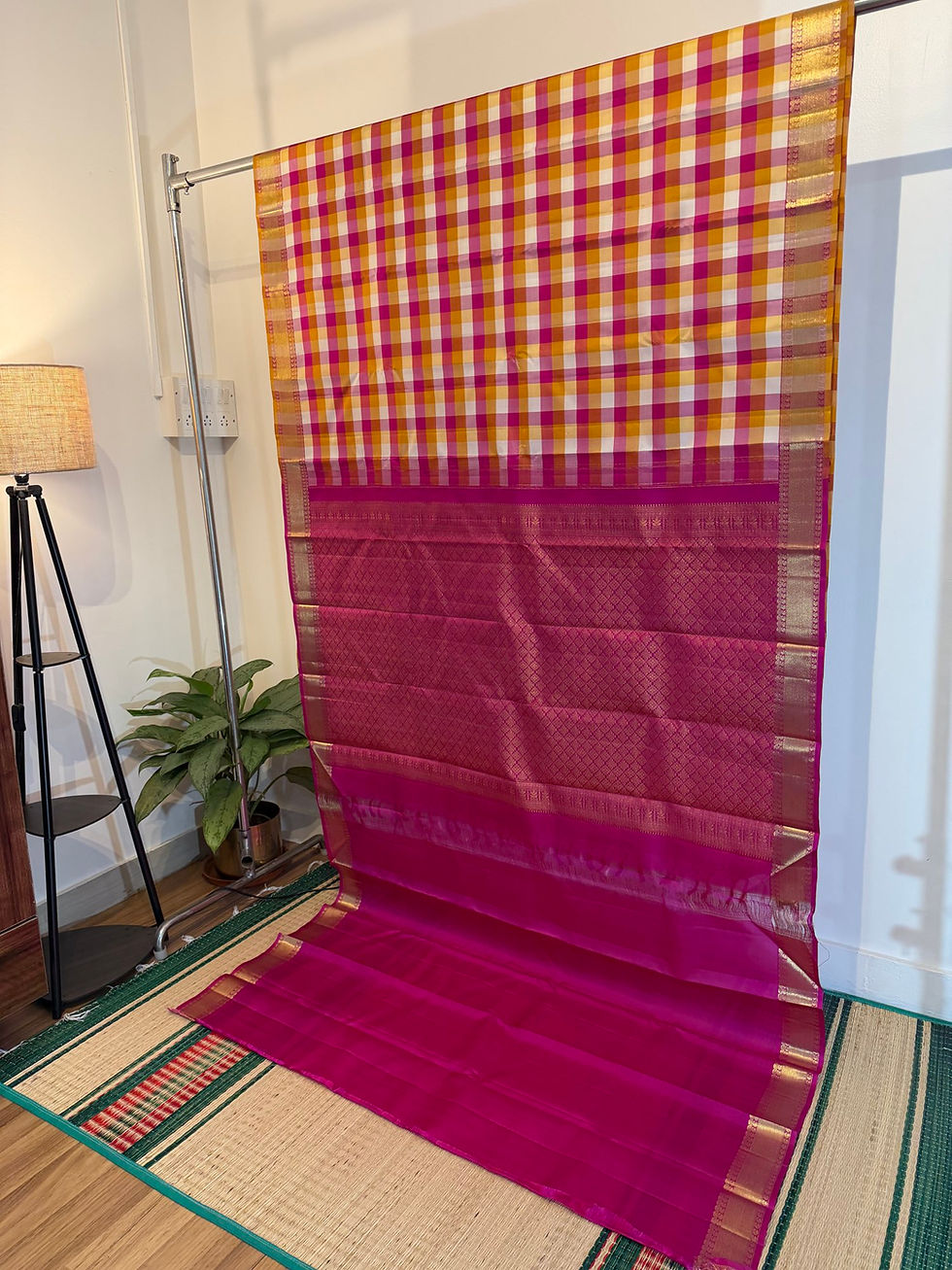 Thumbnail: 9 Colors Pink Madras Checks pink pallu Kanchivaram handloom pure silk saree