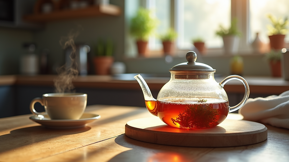 Eye-level view of a cozy kitchen counter with herbal tea brewing in a glass teapot