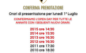 CONFERMA OPEN DAY 1° LUGLIO E VARIAZIONE ORARI