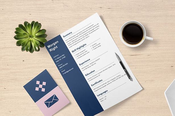 A simulated resume representing Clean Sweep Copy’s resume services sitting on a desk surrounded by a small succulent plant, a pen and a cup of coffee 