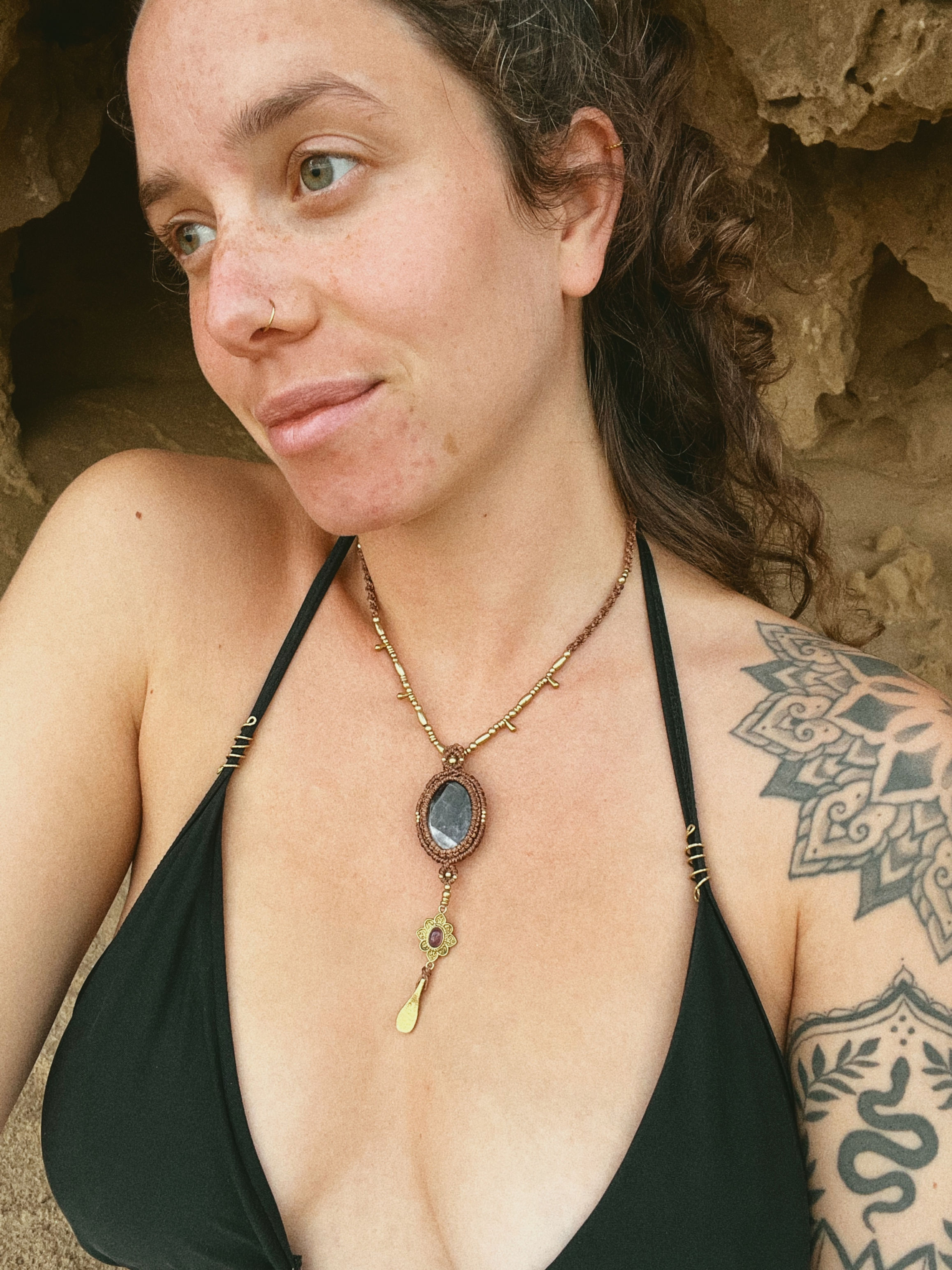 Handmade Macrame Necklace — Chevron Amethyst & Brass Flower Pendant