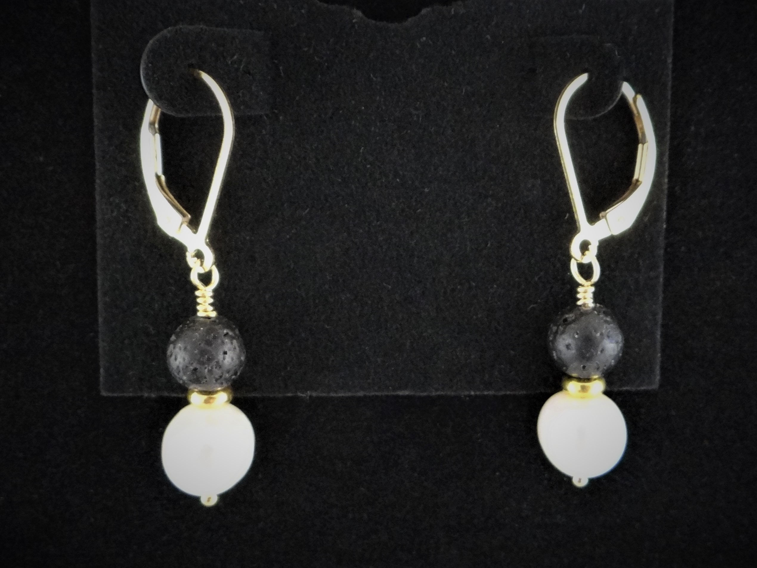 Pearl, Lava and Gold Filled Earrings