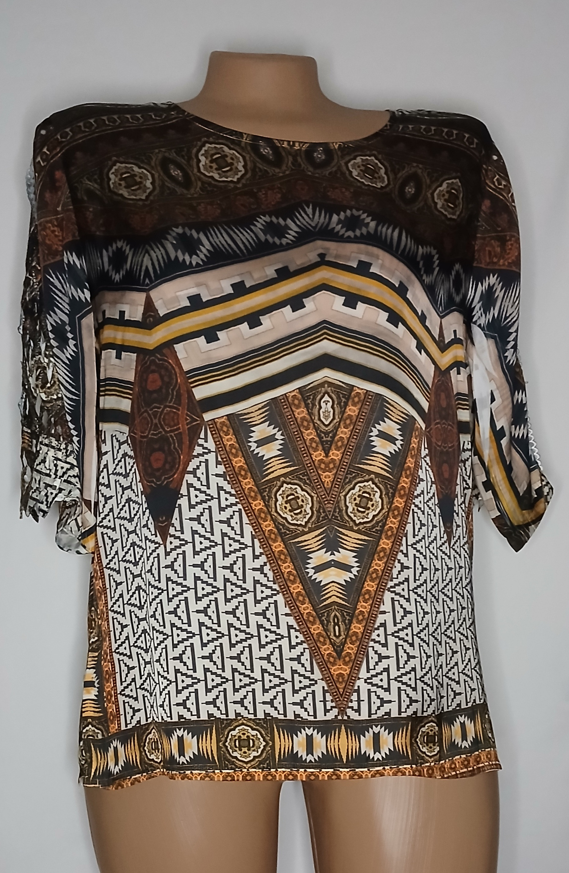 Blusa Estampada Tons Terrosos com Renda Lafee - TAM 48