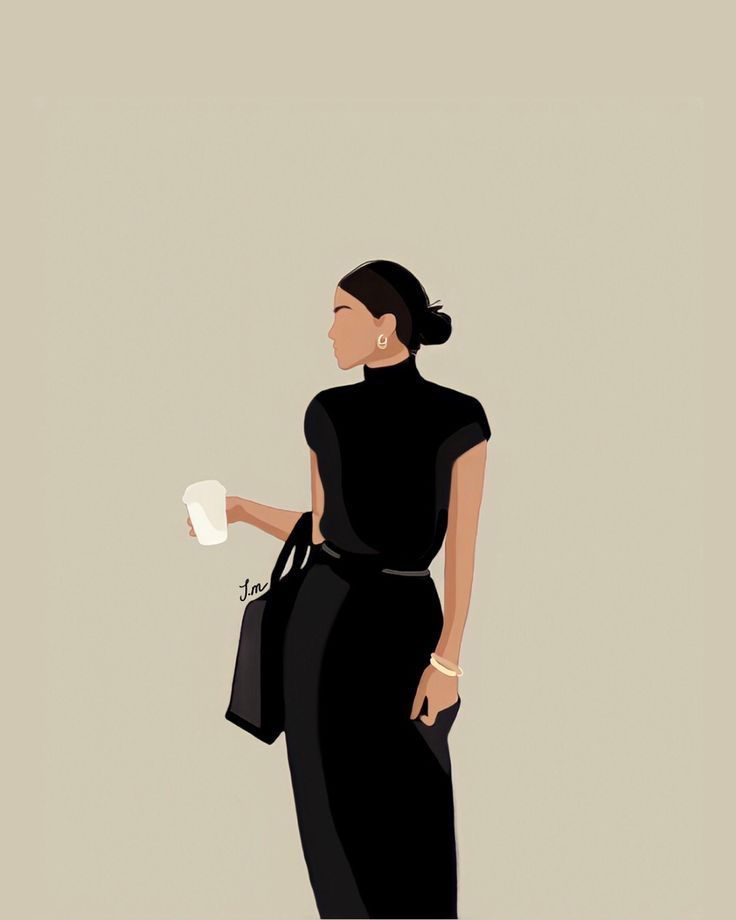 imagen de  una mujer con vestido negro y cafe en la mano 