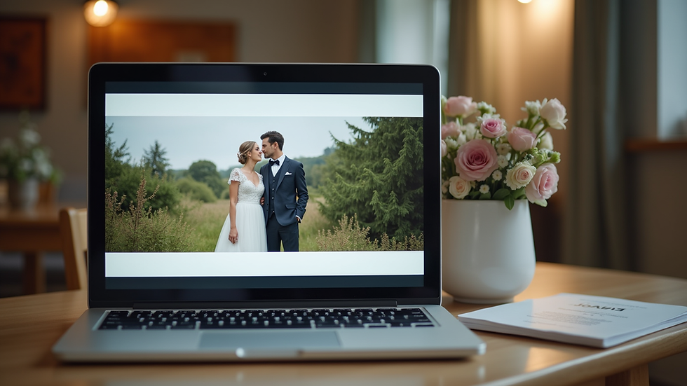 Eye-level view of a laptop displaying a wedding photo gallery