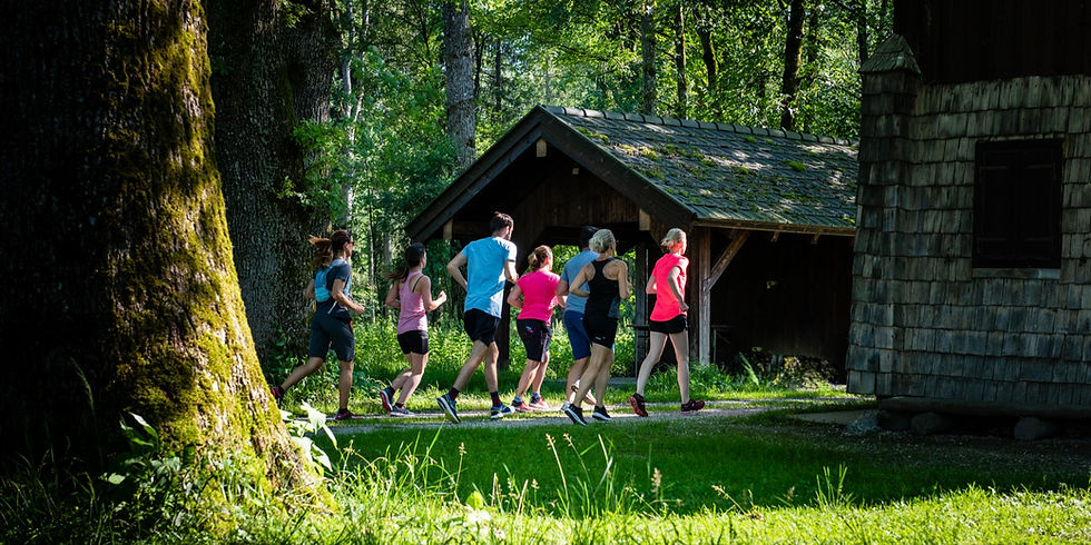 Eine Gruppe joggt durch einen Waldweg neben einer Holzhütte. Sonnenlicht filtert durch die grünen Blätter, erzeugt eine lebhafte Szenerie.