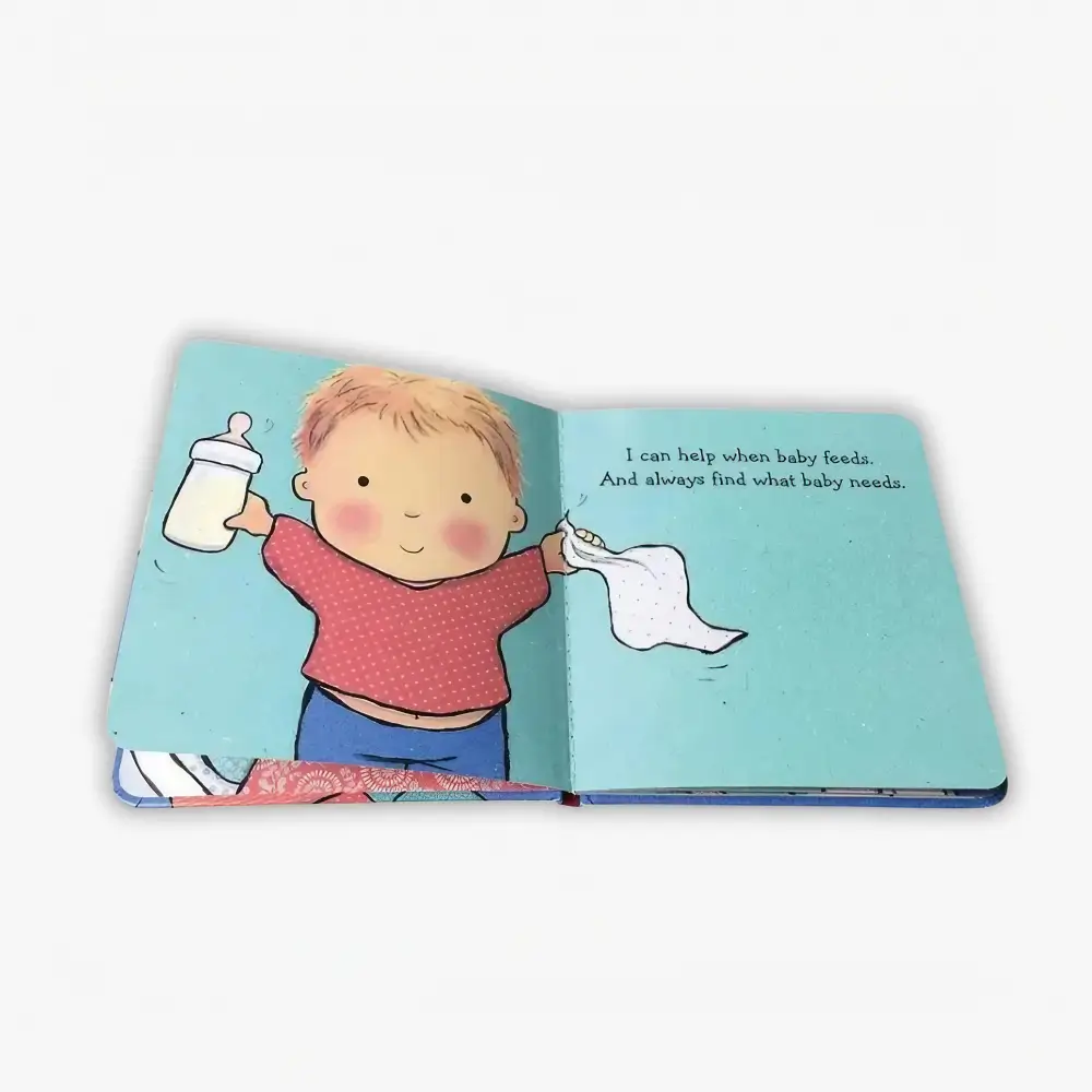 Open hardcover children’s book showing endpapers between the sewn book block and rigid case