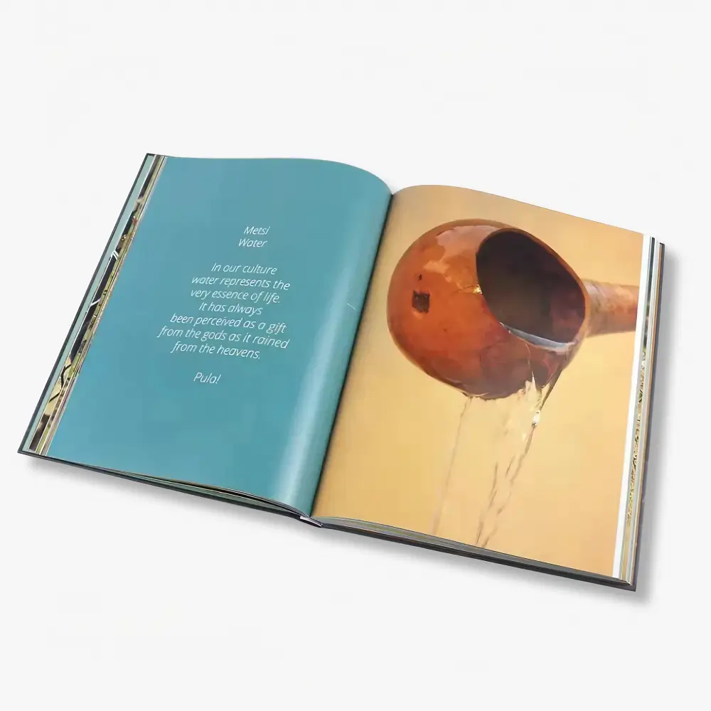 Catalog spread with balanced CMYK photography, spot colors, and even solid color areas