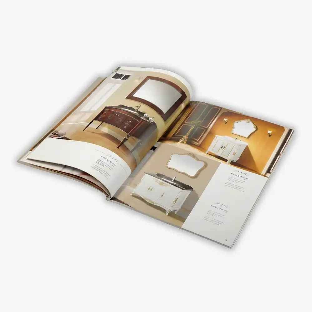 Open catalog with a multi-panel foldout page and independently printed insert