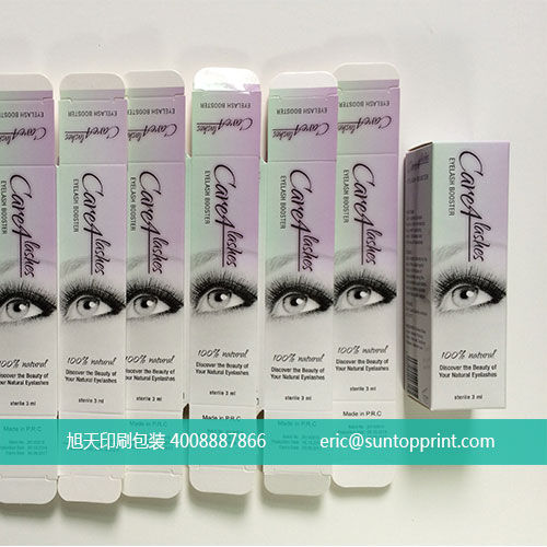 Foil-stamped eyelash serum packaging box showcasing brand logo