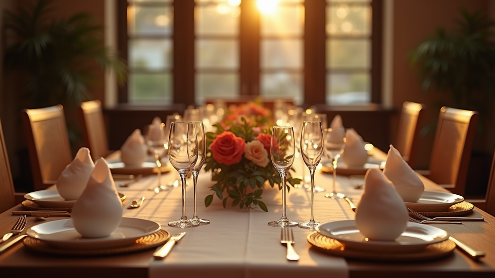 Eye-level view of a beautifully arranged dining table set for an elegant dinner party