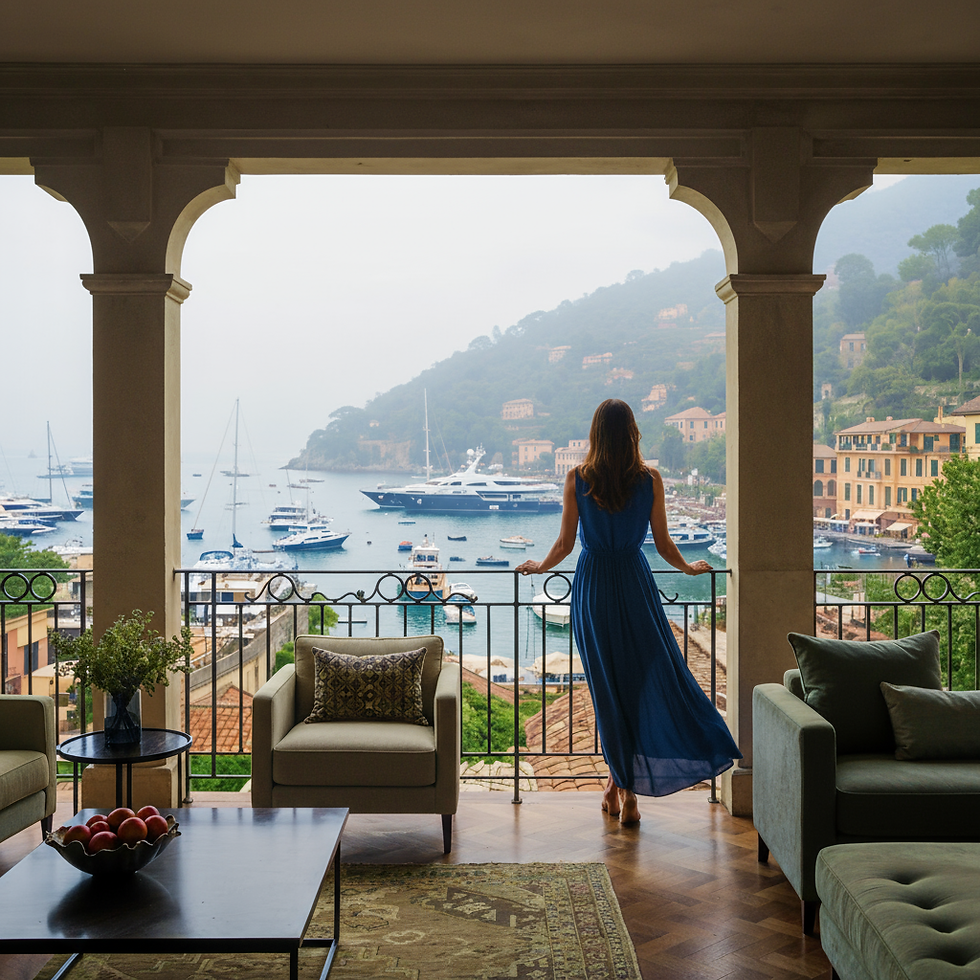 Woman admiring the panoramic view, sea and boats with Urban House LUX.