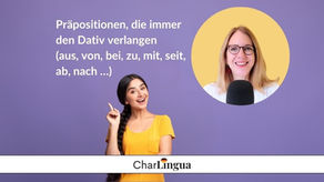 Titelbild: „Präpositionen, die immer den Dativ verlangen“ (aus, von, bei, zu, mit, seit, ab, nach …) – CharLingua Podcast-Grafik mit Charlotte