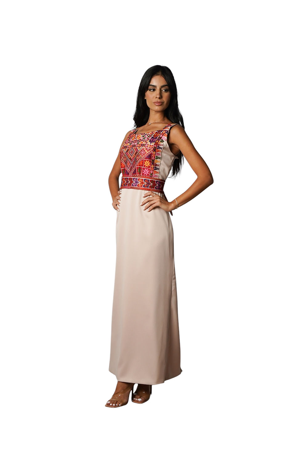 Thumbnail: Beige Dress with Colored Embroidery Details