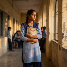 Adolescent Indian girl in school uniform holding a book, representing education and confidence on National Girl Child Day