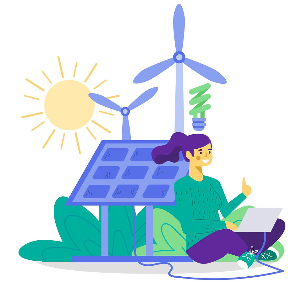 Person with laptop sits by solar panel and wind turbines. Sun shines brightly. Green energy theme with a positive mood.