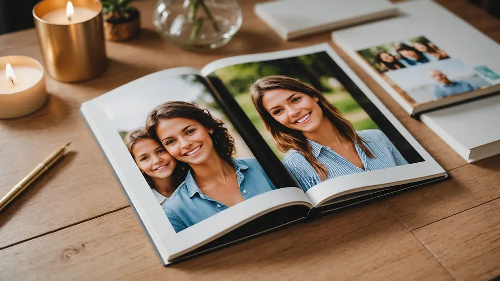 Close-up of a personalized photo album with printed photos