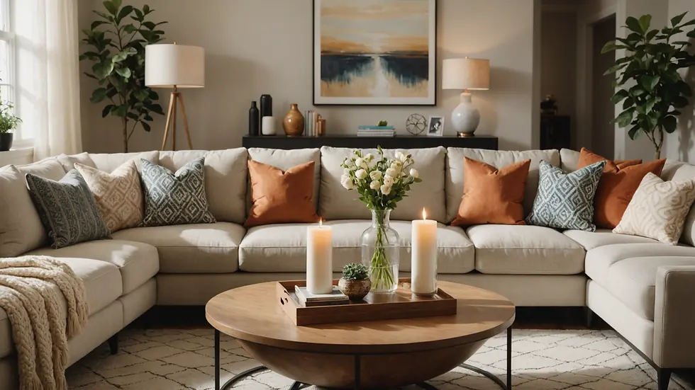 Eye-level view of beautifully arranged custom home décor items in a cozy living room