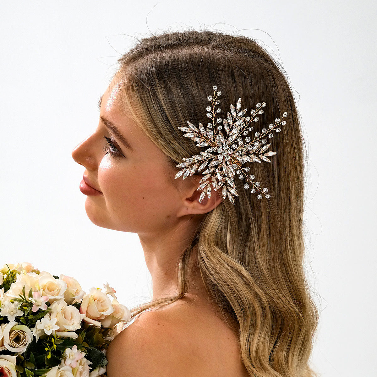 Woman with bridal hair comb, crystal detail