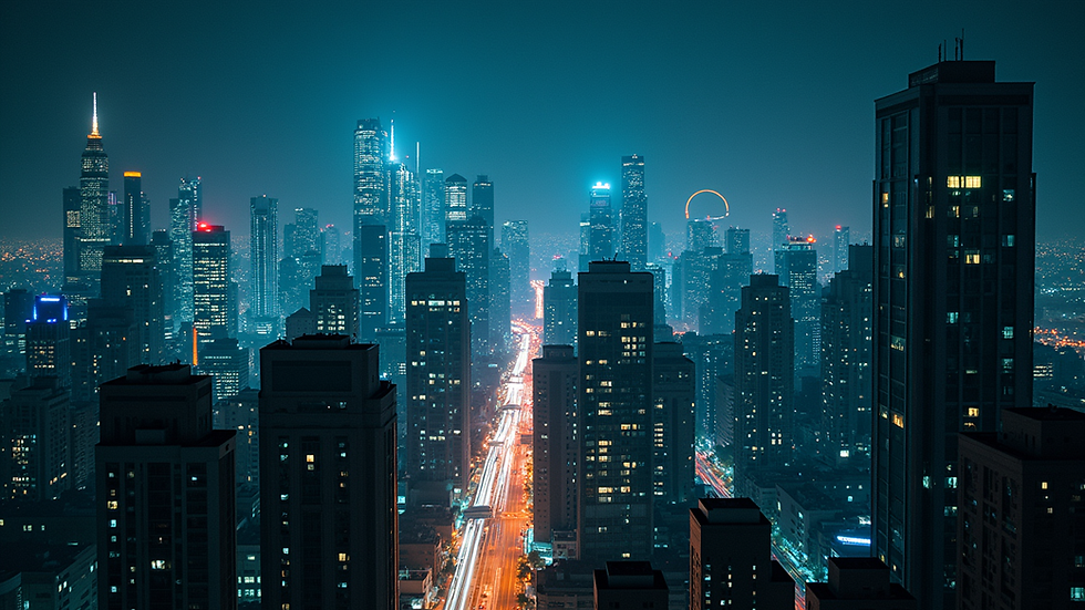 High angle view of a futuristic cityscape at night
