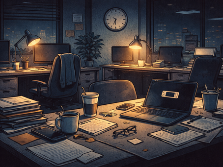 Illustration of a burned-out office worker staying late at a desk under fluorescent lights, symbolizing workplace burnout, exhaustion, and the need for supportive coaching and leadership