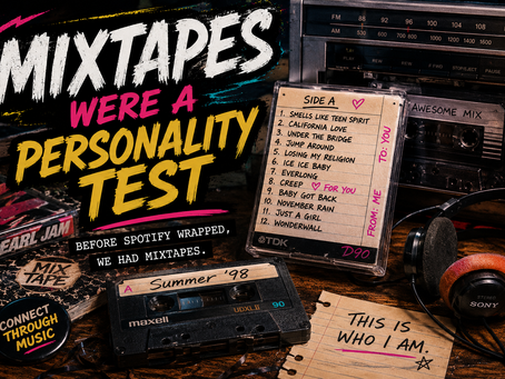 Retro cassette mixtape with handwritten track list representing 90s music nostalgia and personalized mixtape culture before streaming playlists.