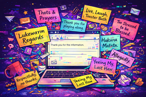 Illustration of humorous and creative email sign-offs for workplace communication