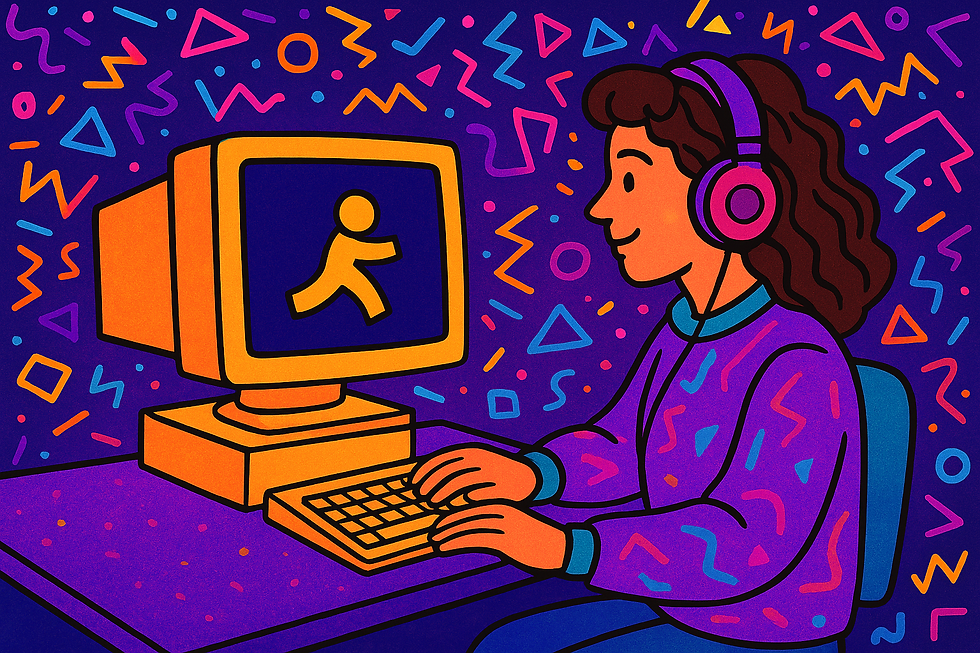 A vibrant 90s-style digital illustration shows a person sitting at a desk using a CRT computer, surrounded by neon Memphis-pattern shapes in purple, blue, yellow, and pink. The classic AIM running-man icon appears large and glowing to the side, evoking the nostalgic feel of early internet chat culture.